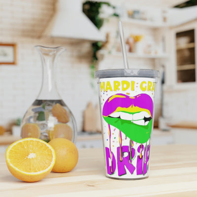 Mardi Gras Drip Plastic Tumbler with Straw