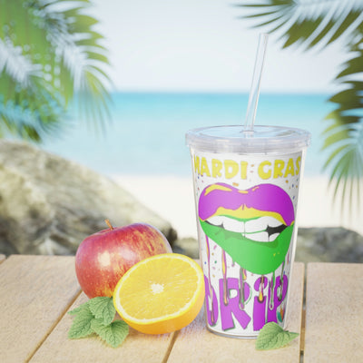 Mardi Gras Drip Plastic Tumbler with Straw